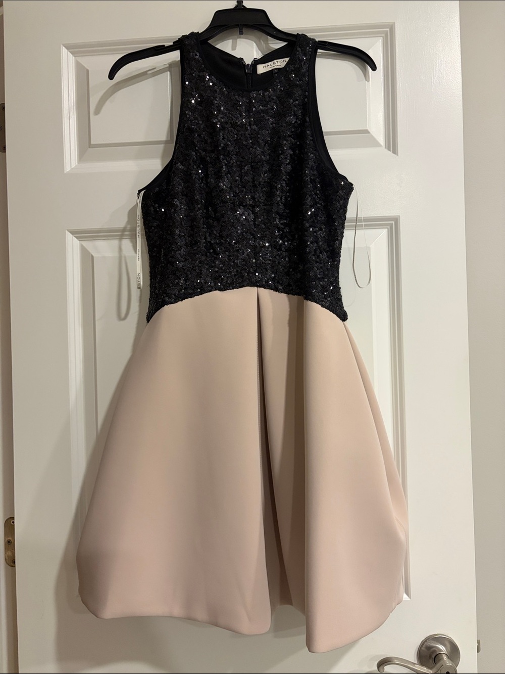 Halston Heritage sequin black and taupe dress